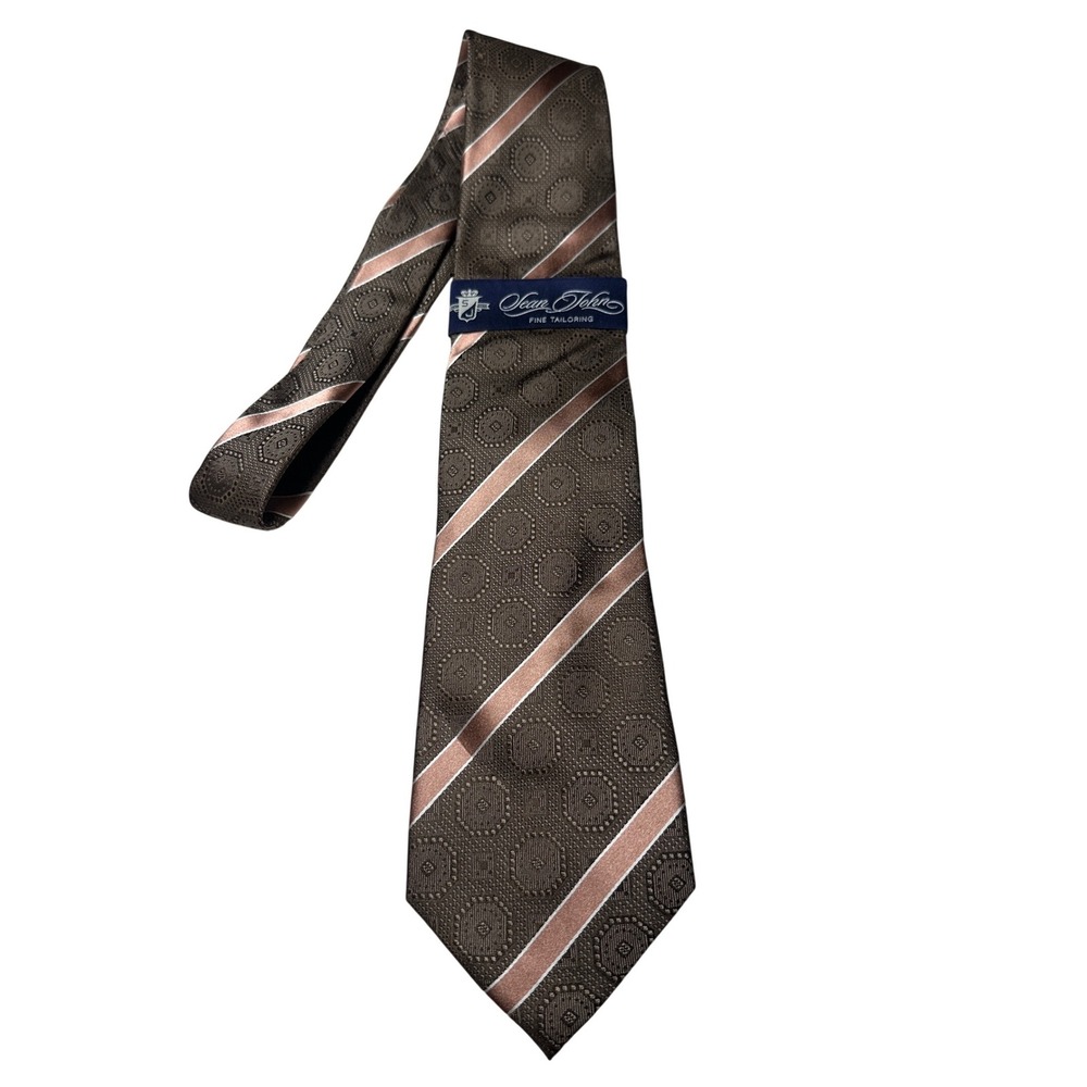 Sean John Mens Brown Silk Geometric Medallion Striped Hand Made Necktie Tie‎